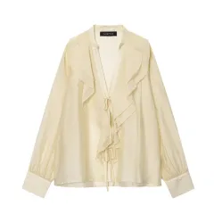 European And American Style New Fashionable Layered Decorative Bow Blouse - Beige - View 1