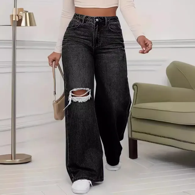 Women's Ripped Wide legged Jeans Black And Gray - Shop at LoveMi