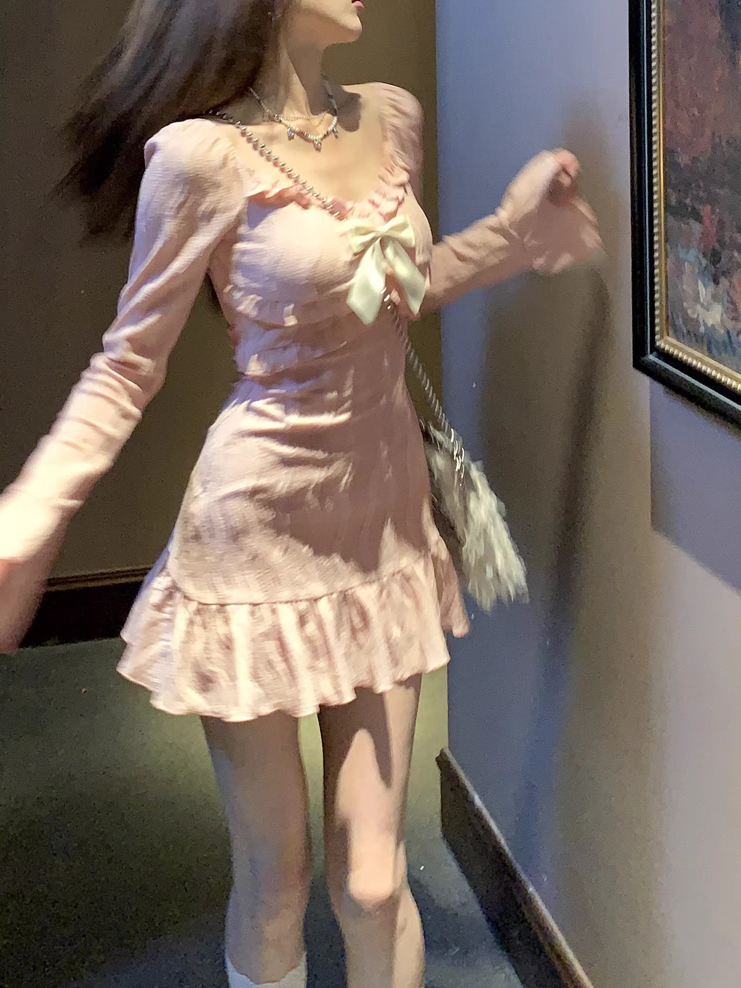 Bow Cute Horn Long Sleeve Narrow Short Dress