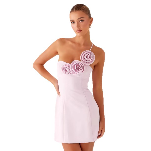 One-Shoulder Dress With Three-Dimensional Floral Embellishments