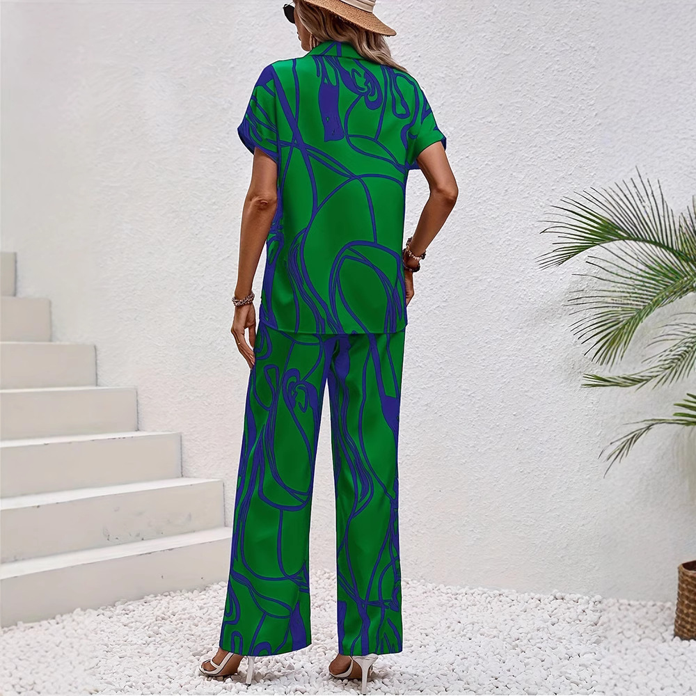 Womens Printed Short-Sleeve Shirt And Casual Pants Set