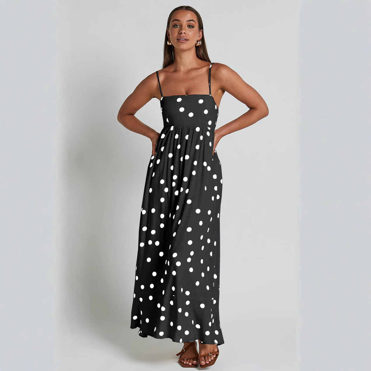 U-collar Tight Waist Large Skirt Polka Dot Print Dress