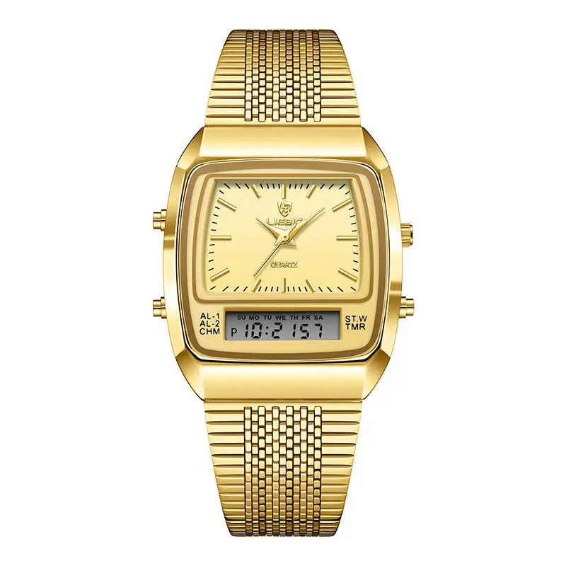 Business Casual Mesh Belt Waterproof Double Display Electronic Quartz Watch