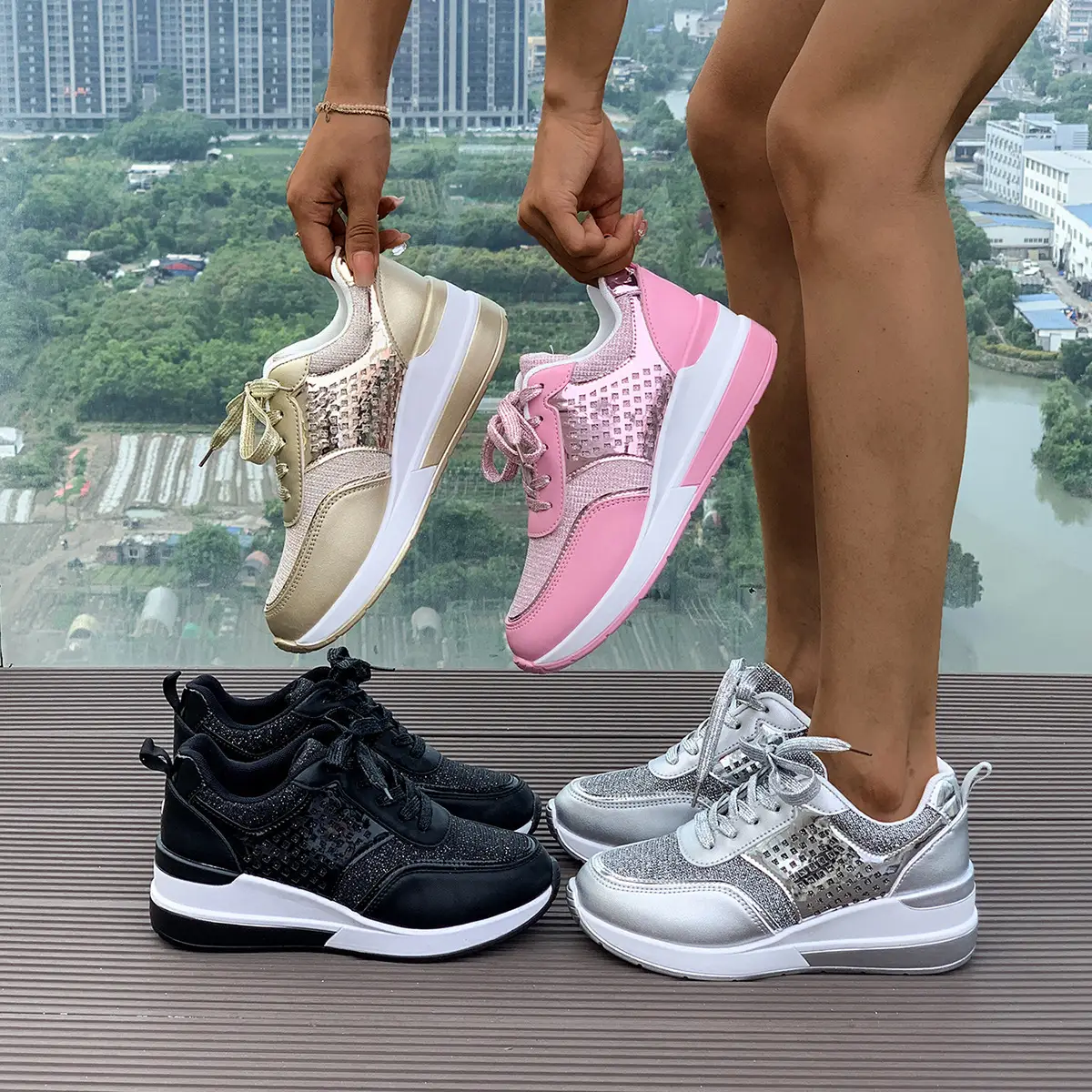 Sequin Round-Toe Lace-Up SpringAutumn Casual Sneakers