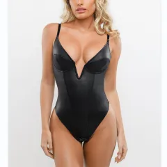 Women's Cross-border Deep V-neck Leather Slim-fit Jumpsuit - Black - View 1