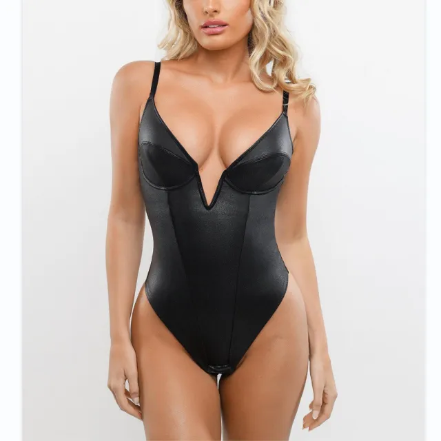 Women's Cross border Deep V neck Leather Slim fit Jumpsuit Black - Shop at LoveMi