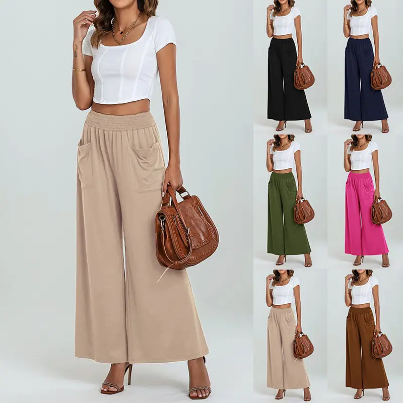 High-waisted Slightly Fitted Pants Loose Casual Long Trousers With Pockets