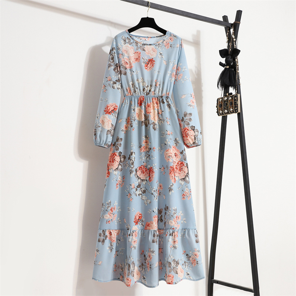 Womens Versatile Round-neck Floral Chiffon Dress