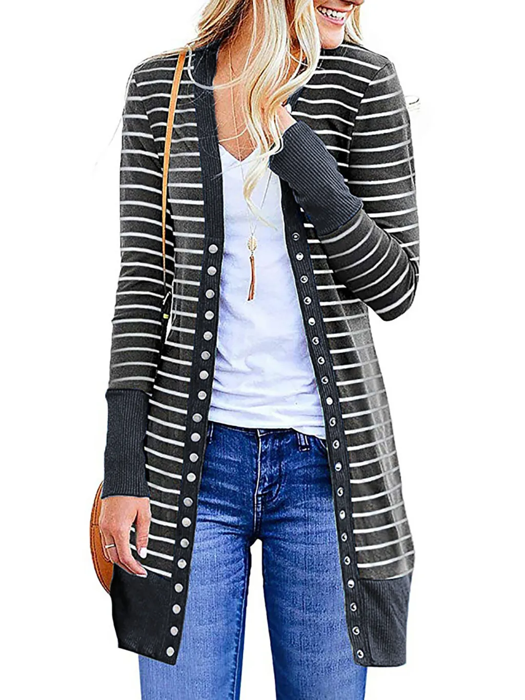 Autumn And Winter Plus Size Women's Fashionable Mid-length Button Striped Cardigan - Gray