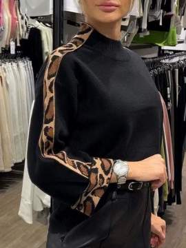 Fashion Women's Turtleneck Long Sleeve Leopard Splicing Top