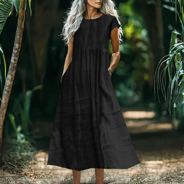 Women's Solid Color Loose Fitting All Match Cotton Linen Dress With Pockets Black - Shop at LoveMi