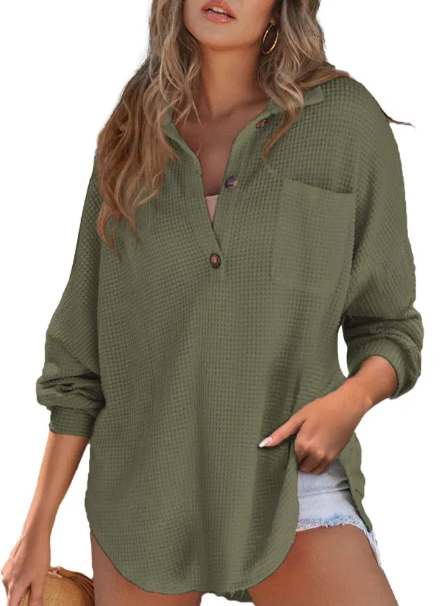 Women's Waffle Knit Loose Long Sleeve Top Green - Shop at LoveMi