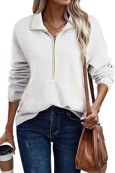 Women's Half Zip Pullover Hoodie Lapel Pocket Jacket White - Shop at LoveMi