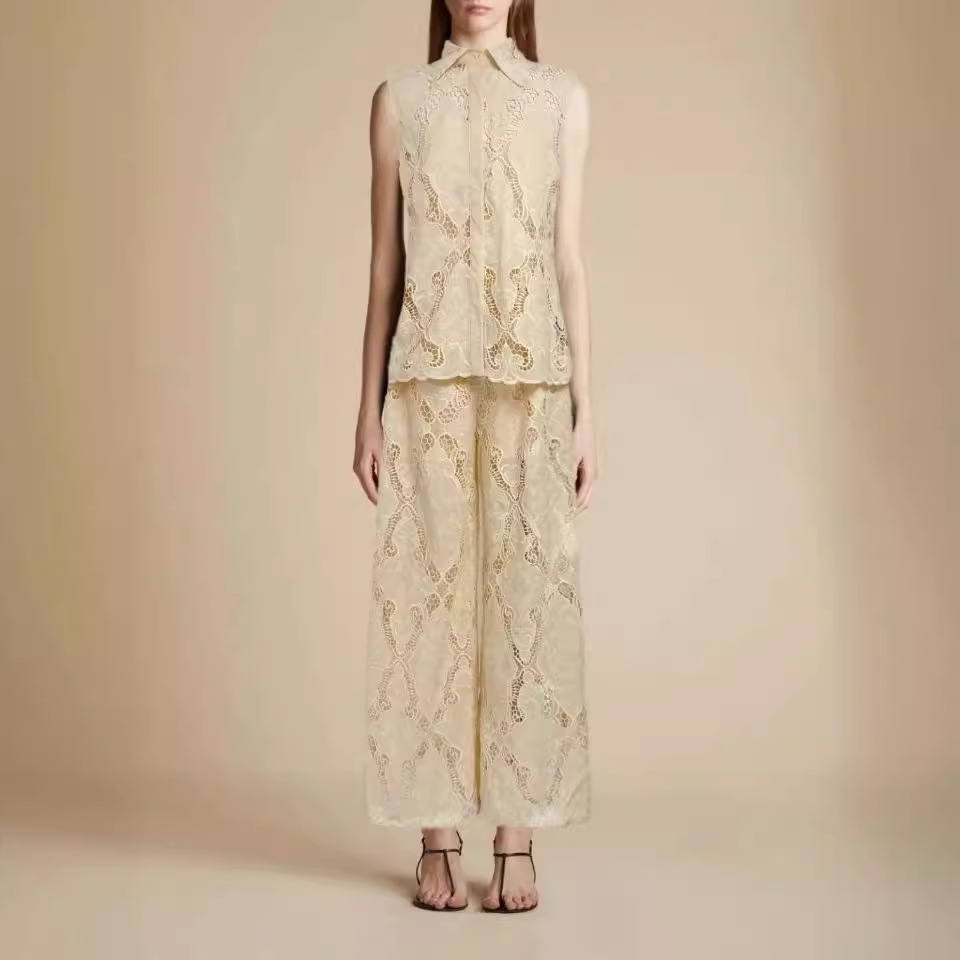 Seaside Vacation Style Lapel Sleeveless Embroidered Polo Top