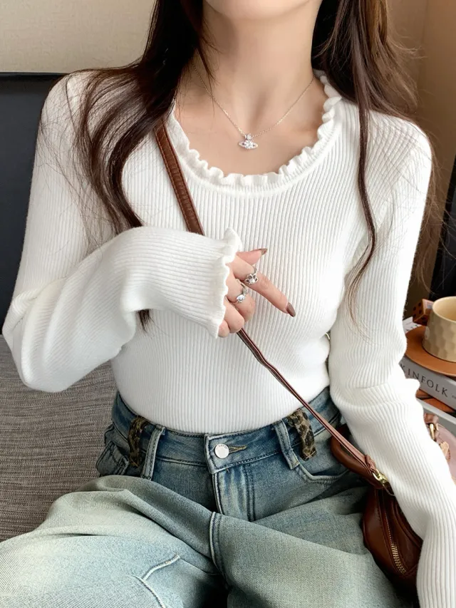 Knitted Round Neck Sweater For Women White - Shop at LoveMi