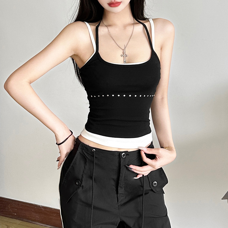 Women's Street Contrast Colors False-two-piece Halter Backless Short Vest