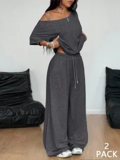 Women's Casual Solid-Colour Sports Two-Piece Set With Loose-Fit Trousers - Grey - View 1