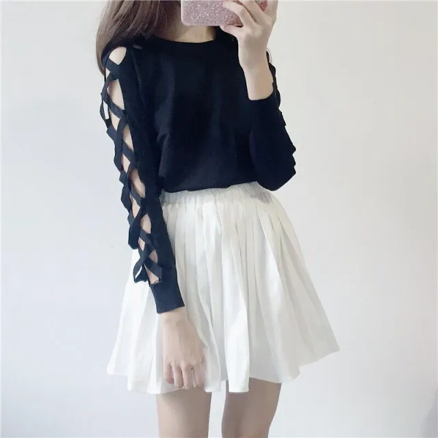 Spring And Autumn Pullover Sexy Cutout Round Neck Knitted Bottoming Shirt Black - Shop at LoveMi