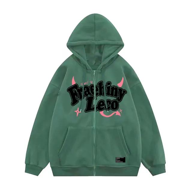 Fraehiny Printed Cardigan Sweater Zipper Hooded Sweatshirt Coat Dark Green - Shop at LoveMi
