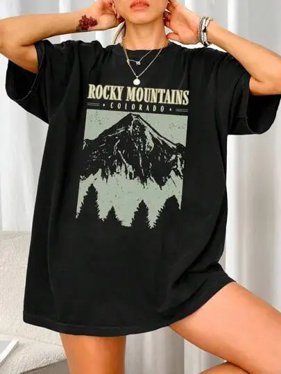 Women's Summer Loose Casual Mountain & Letter Print Black - Shop at LoveMi