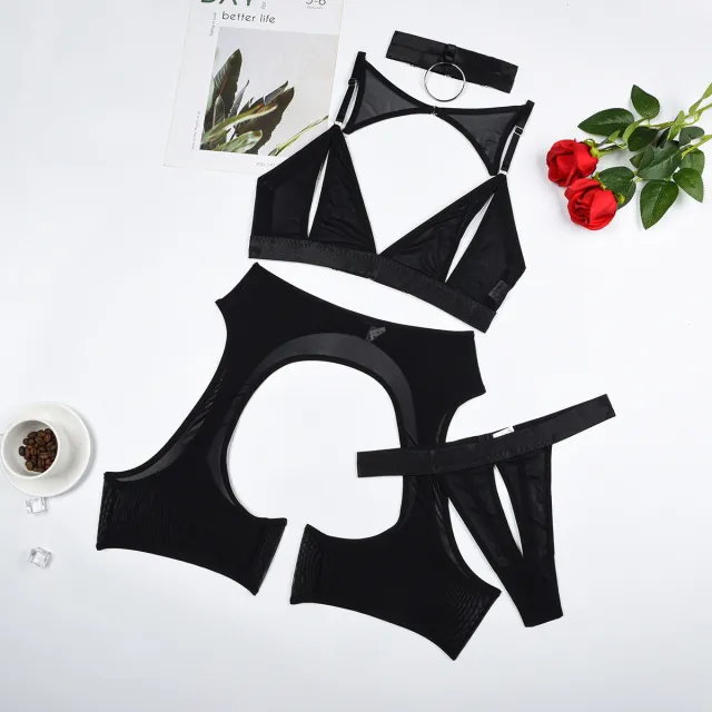 See through Hollow out Beauty Back Low cut Four piece Set Black - Shop at LoveMi