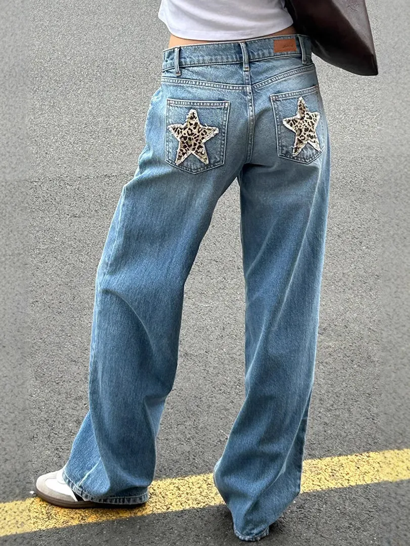 Retro Street Leopard Print XINGX Patchwork Stitching Straight Jeans - Blue