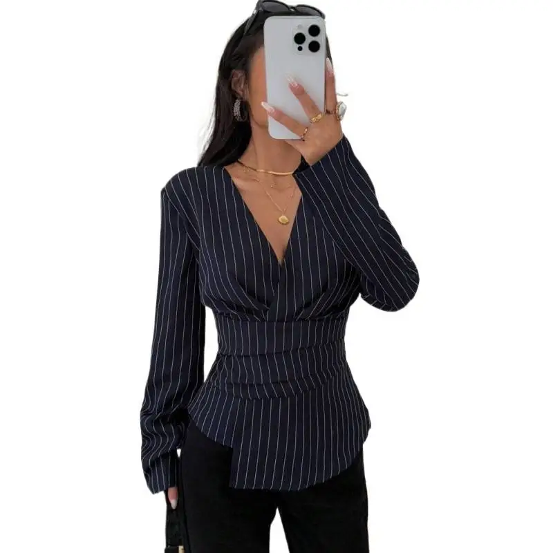 Women's Fashionable Contrast-Color Striped Printed Top