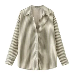 European And American Style Long Sleeve Lapel Loose Striped Poplin Shirt - Green - View 1