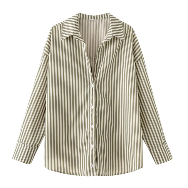 European And American Style Long Sleeve Lapel Loose Striped Poplin Shirt Green - Shop at LoveMi