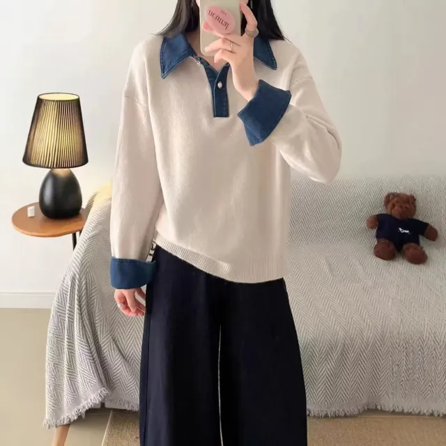 Simple Versatile Stand Collar Denim Stitching Loose Temperament Lazy Top Apricot - Shop at LoveMi