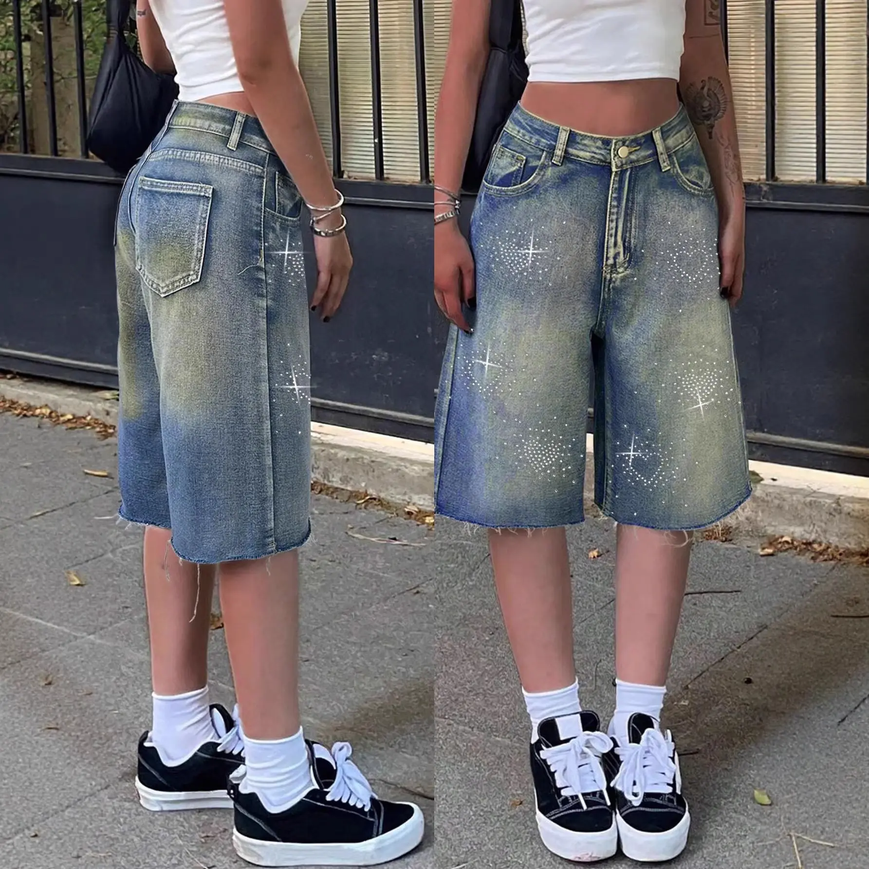 Patterned Rhinestone-Embellished Denim Shorts