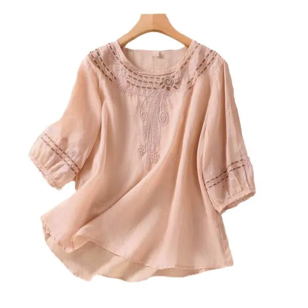 Spring And Summer Loose Artistic Vintage Cotton And Linen Embroidered Shirt Pink - Shop at LoveMi