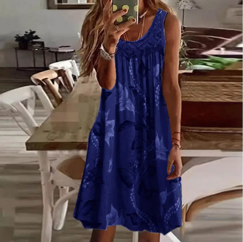 Digital Printing Sling Loose Lace Dress Casual