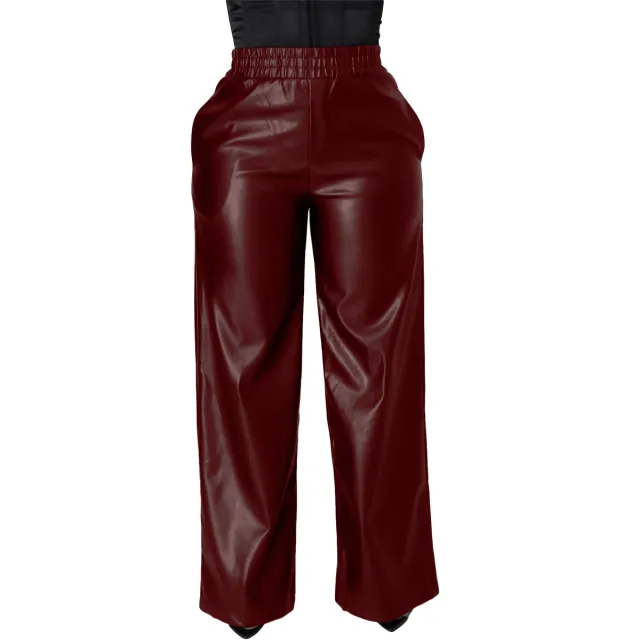 Solid Color Loose Wide Leg Pocket PU Leather Pants Red - Shop at LoveMi