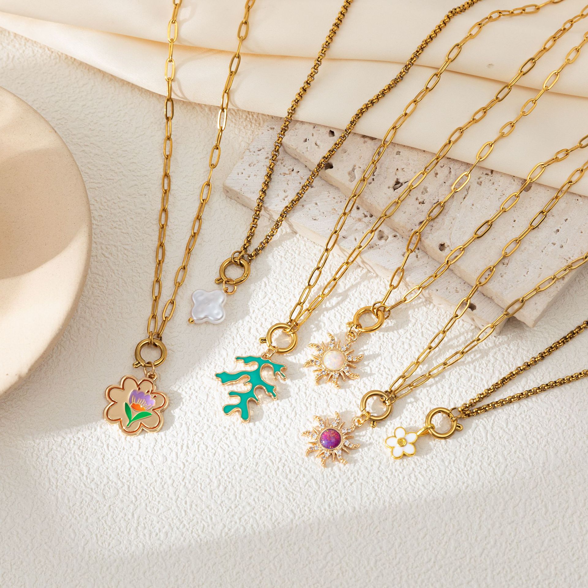 DIY Cross Pearl Flower Sun Element Pendant Necklace