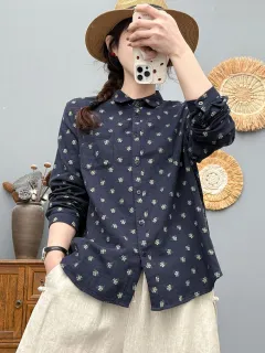 Retro Floral Cotton And Linen Blouse For Women - Blue - View 1
