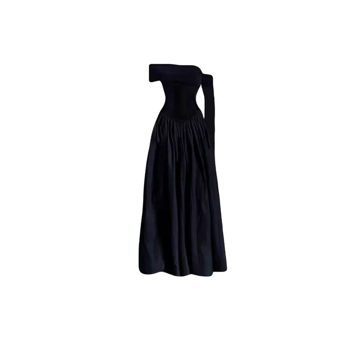 Off-the-shoulder Ribbon Large Flared Black Dress For Women, Slimming - Red