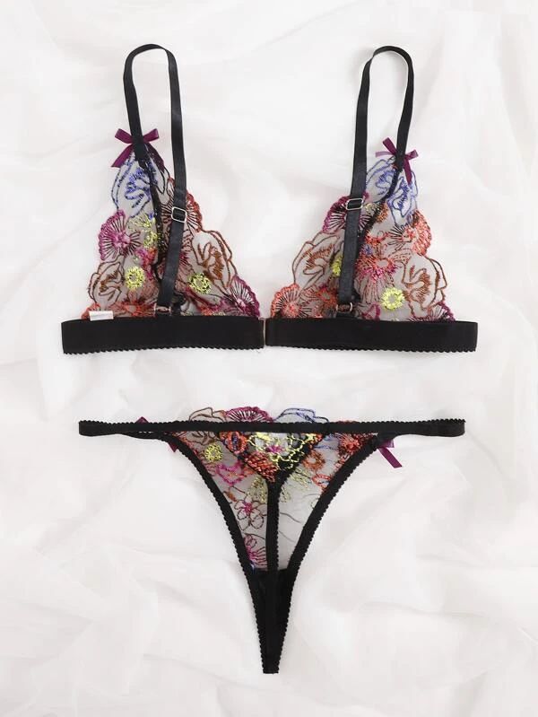 Sexy Womens Colorful Embroidered Three-Piece Lingerie Set
