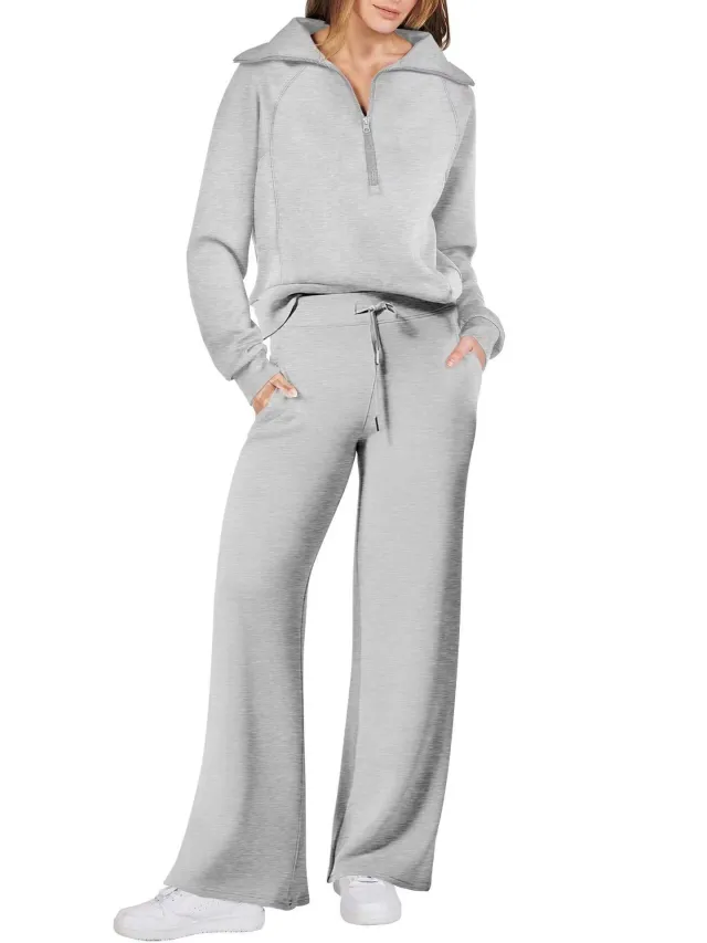 Europe And America Foreign Trade Autumn And Winter Fashion Casual Sport Two piece Set For Women Light Gray - Shop at LoveMi