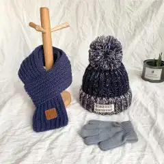 Winter Baby Winter One-year-old Girl Bandana Autumn And Winter Cute Princess Hat Scarf Two-piece Set - Navy Blue Towel Gloves - View 1