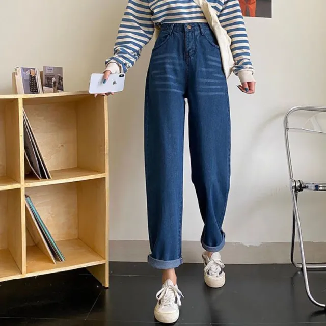 Retro Washed Gray Large Workwear With Pocket Jeans For Women Blue - Shop at LoveMi