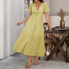 Leisure Commute Vacation Style V-neck High Waist Short Sleeve Split Dress Women - Yellow - View 1