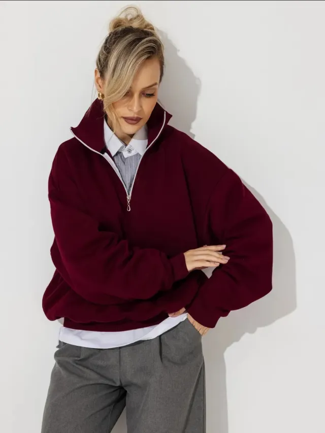 Lazy Style Fashion Casual Personality Versatile Zip up Hoodie Wine Red - Shop at LoveMi