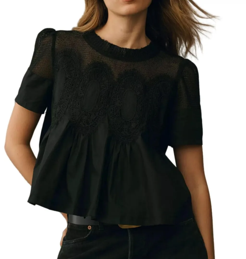 Women's Fashionable Lace-trimmed Crew-neck Embroidered Solid-color Loose Top - Black