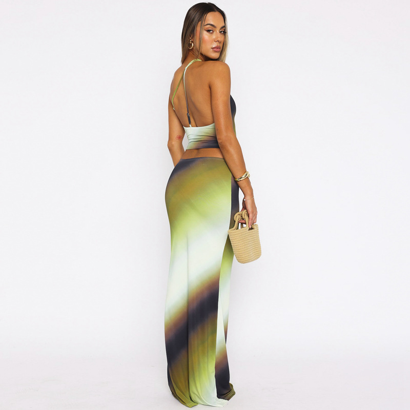 Female Gradient Color One Shoulder Backless Casual Slim Fit Long Dress Suit