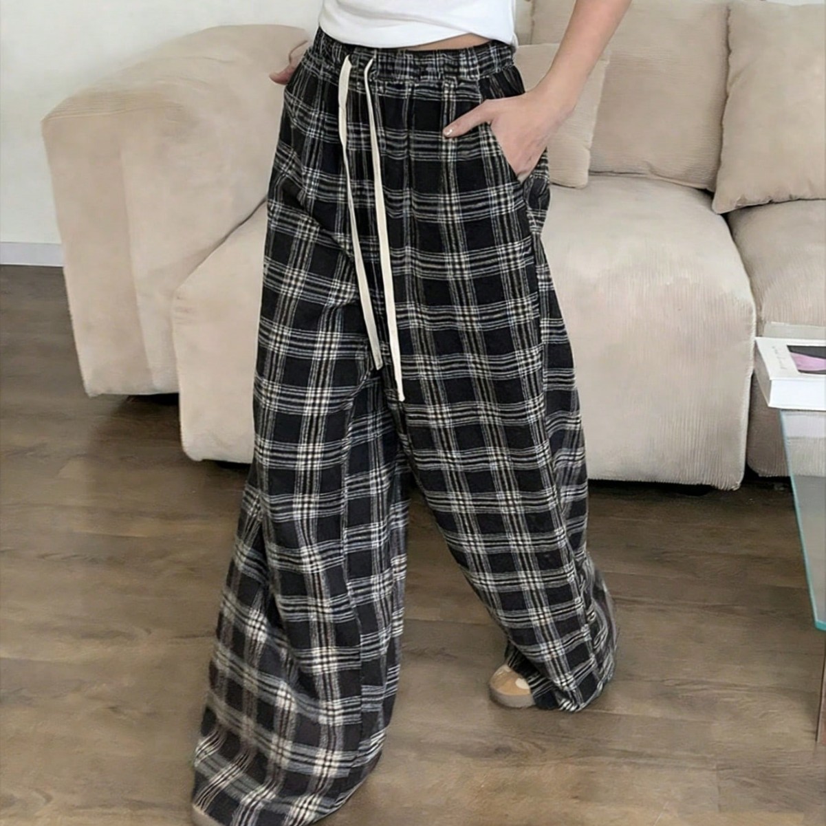Women's Plaid Casual High-Waisted Wide-Leg Pants With Drawstring