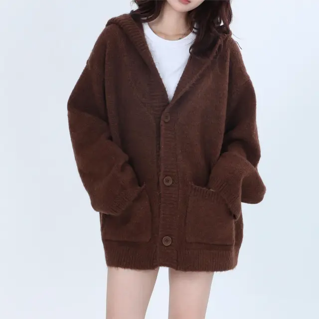 Retro High Sense Hooded Knit Cardigan Coffee Color - Shop at LoveMi
