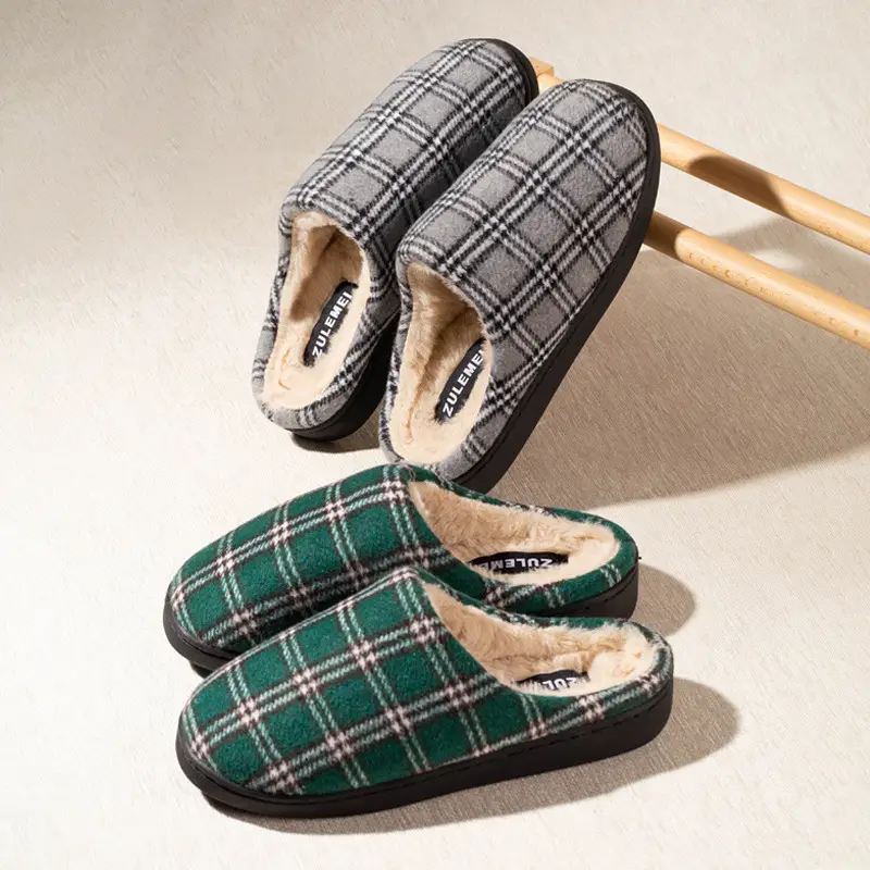 Winter Warm Woolen Plaid Cotton Slippers