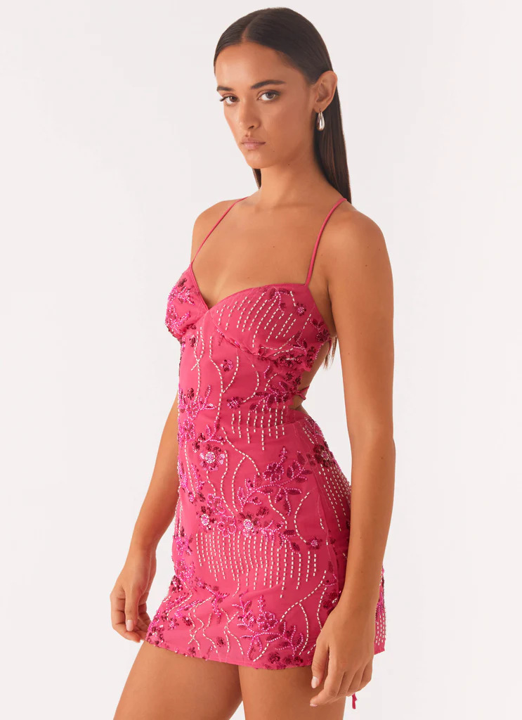 Vestido bandolera sin espalda bordado con lentejuelas para mujer - Imagen 9 de 11