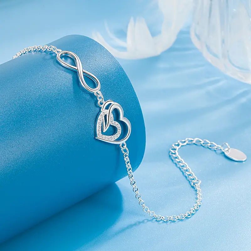 New Silver Plated Simple Zircon Heart-Shaped 8-word Bracelet
